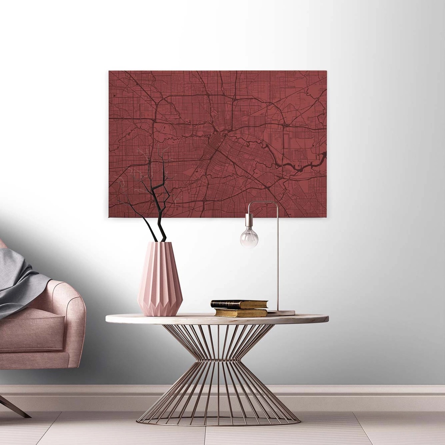 Bricoflor Stadtplan Bild Auf Leinwand In Dunkelrot Modernes Leinwand Bild Mit Stadtkarte Rotes Wandbild Für Schlafzimmer