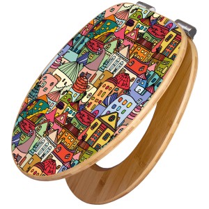 Banjado WC-Sitz aus Bambus mit Funky Town Motiv. Toilettendeckel mit Absenkautomatik.