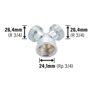 Verchromtes Messing Gewinde-Gabelstück mit drei Abzweigen für Trinkwasser- und Heizungsrohre.