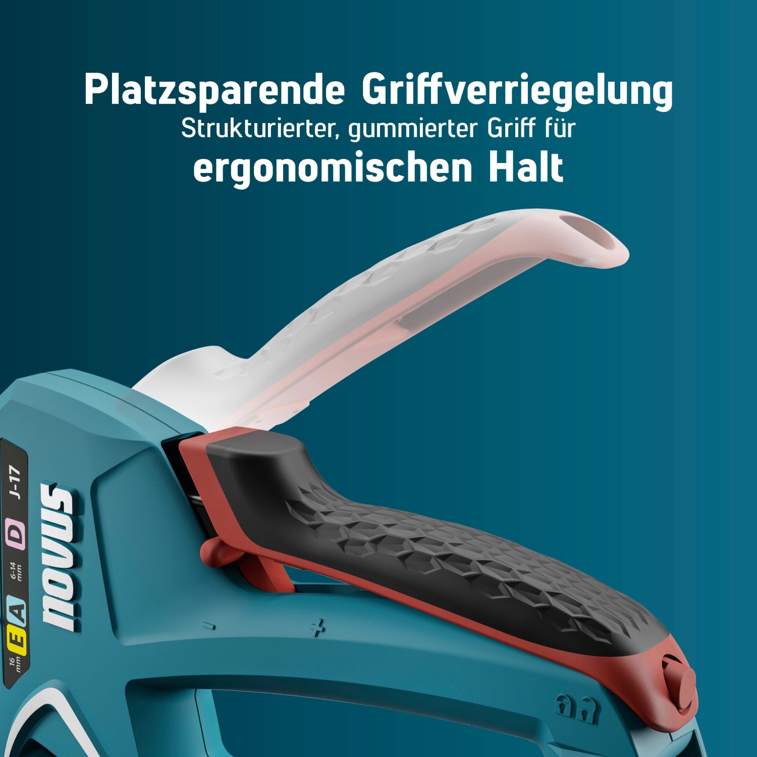Novus J-17 Handtacker: Detailaufnahme des ergonomischen, gummierten Griffs mit Griffverriegelung.