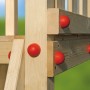 Detailansicht des Weka Spielhaus Drachenturm Tabaluga: Holzkonstruktion mit roten Griffen.