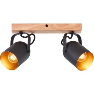Tronte Spotbalken: 2-flammige Lampe in Schwarz, Holz & Gold. Flexibel einstellbarer Deckenstrahler.