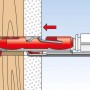 Illustration eines roten Fischer Duotec Kippdübel 10 S mit Schraube in einer Wand.
