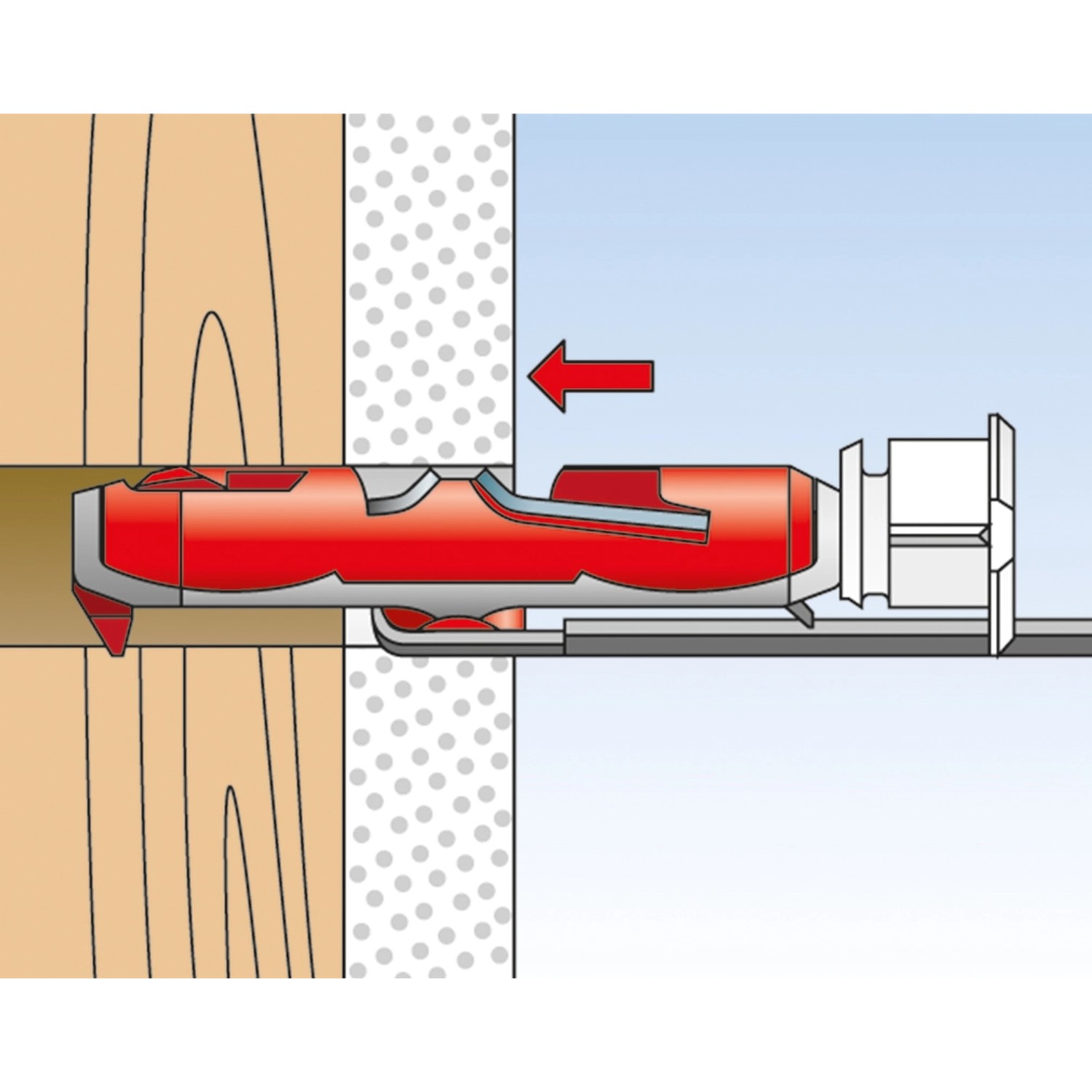 Illustration eines roten Fischer Duotec Kippdübel 10 S mit Schraube in einer Wand.