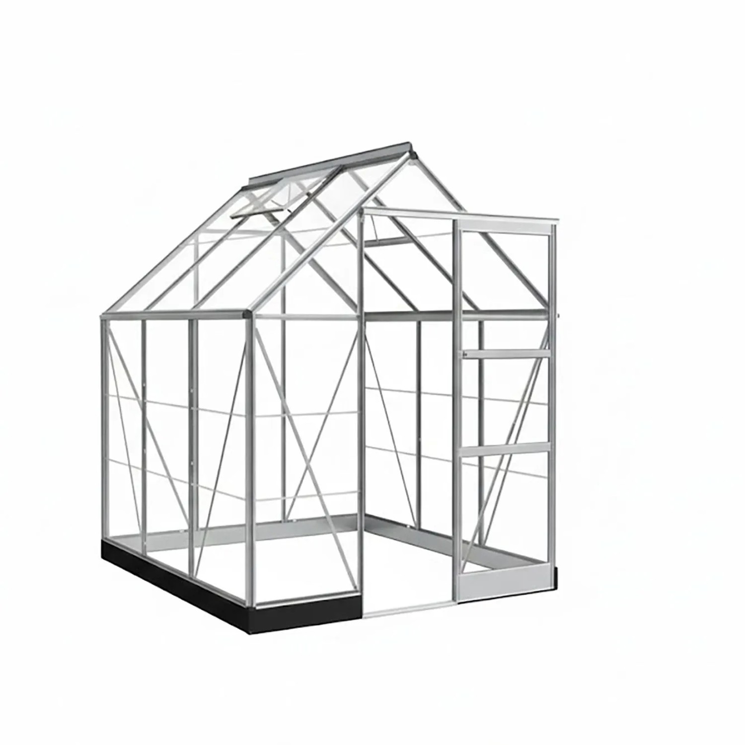 Halls Gewächshaus Icon 6 Schwarz, 3,7 m², mit Dachfenster und Schiebetür.