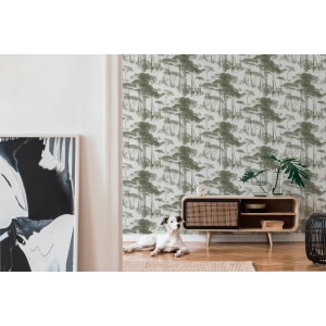 Vliestapete Wald in Grün und Weiß mit leichter Struktur. Dekorative Tapete mit Waldmotiv.