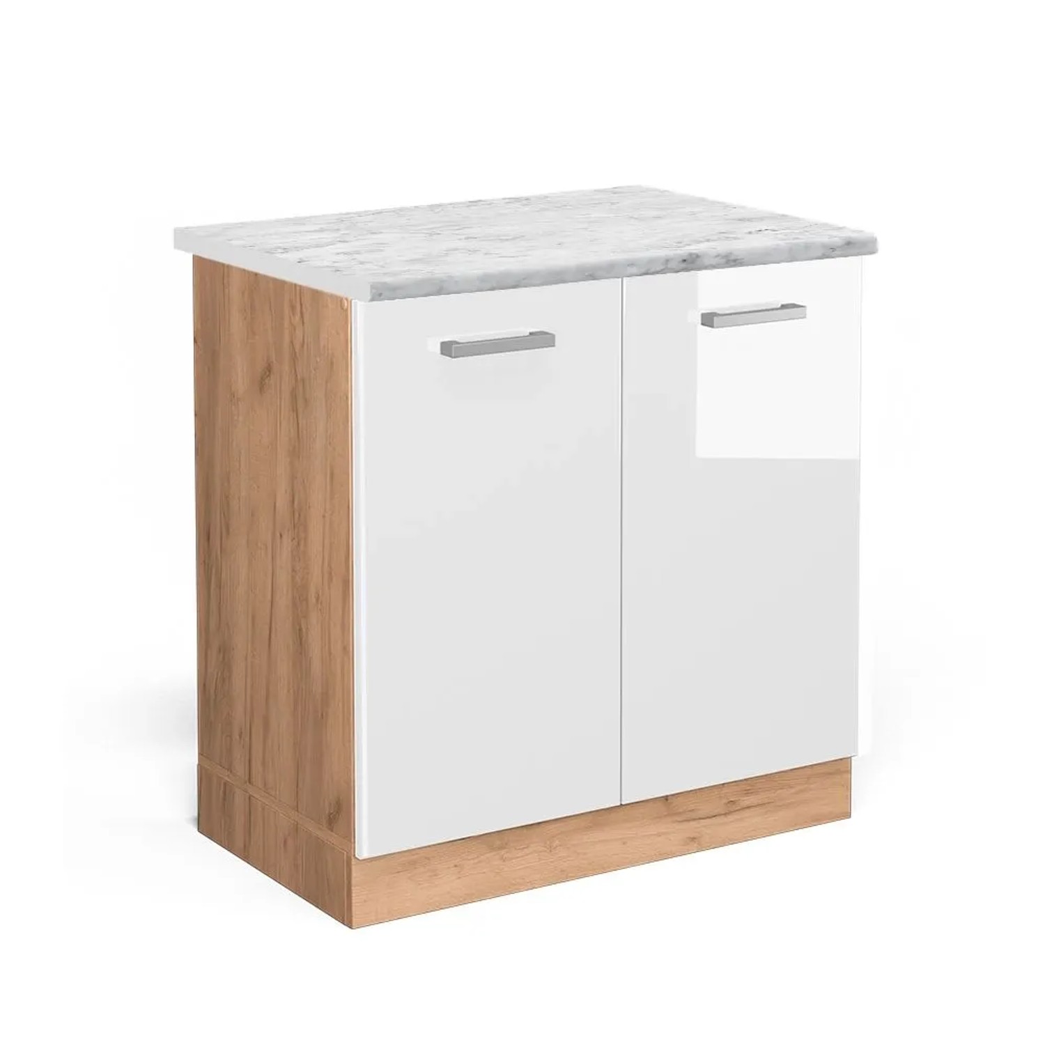 Vicco Spülenunterschrank R-Line Weiß Hochglanz Goldkraft Eiche 80 cm AP Marmor
