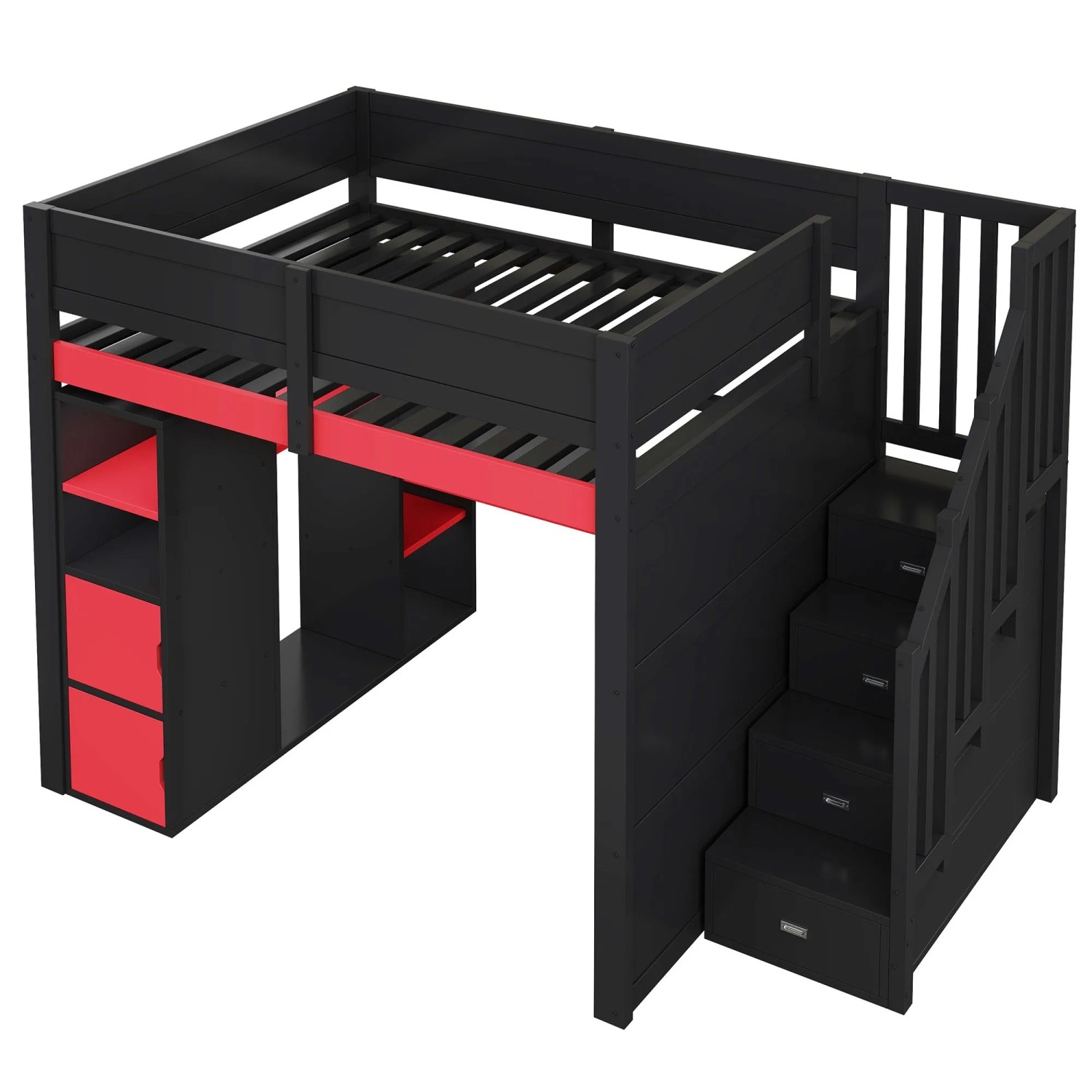 okwish Hochbett 140x200cm mit Schreibtisch LED USB und Stauraumtreppe Schwarz Rot ohne Matratze