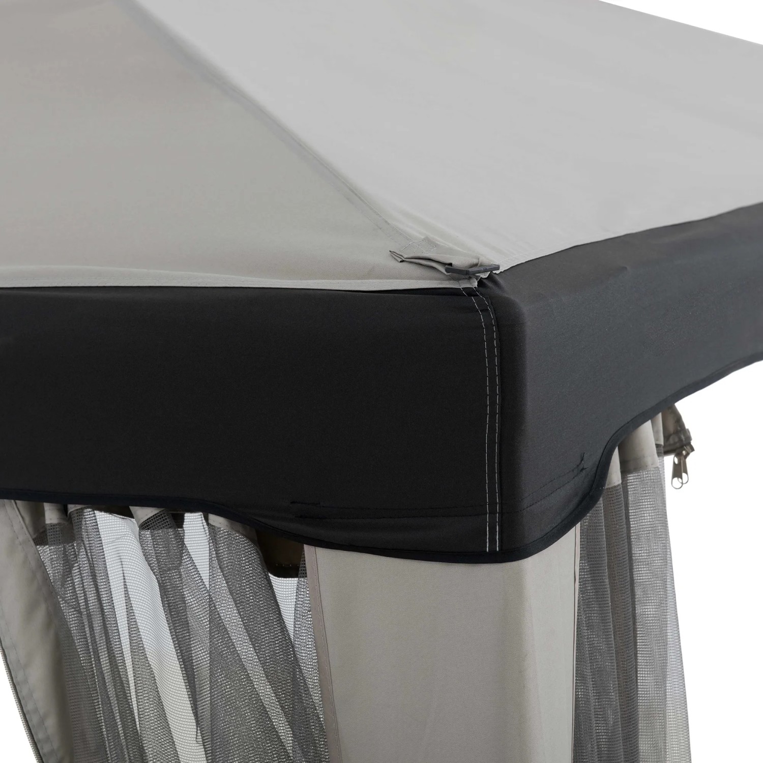 Detailaufnahme des Sunjoy Stoff-Pavillons Roseg, 300x300 cm, grau, mit Moskitonetz.