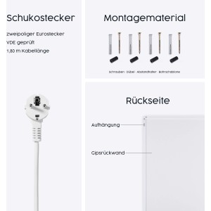 Details der Könighaus Infrarotheizung: Stecker, Montagematerial und Rückseite der Wandheizung.
