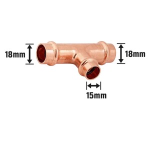 Kupfer Press-Reduzier-T-Stück, 18 mm x 15 mm x 18 mm, für Kupferrohr-Installationen.