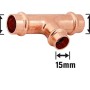 Kupfer Press-Reduzier-T-Stück, 18 mm x 15 mm x 18 mm, für Kupferrohr-Installationen.