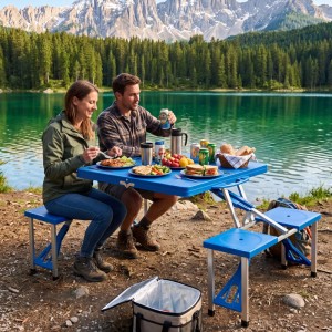 Blaue Wiltec Camping Sitzgruppe aus Kunststoff/Aluminium mit Tisch und integrierten Stühlen, genutzt am Seeufer.