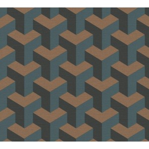 Tadessi Vliestapete mit modernem 3D-Grafikmuster in Braun und Dunkelblau. Geometrische, dekorative Tapete.