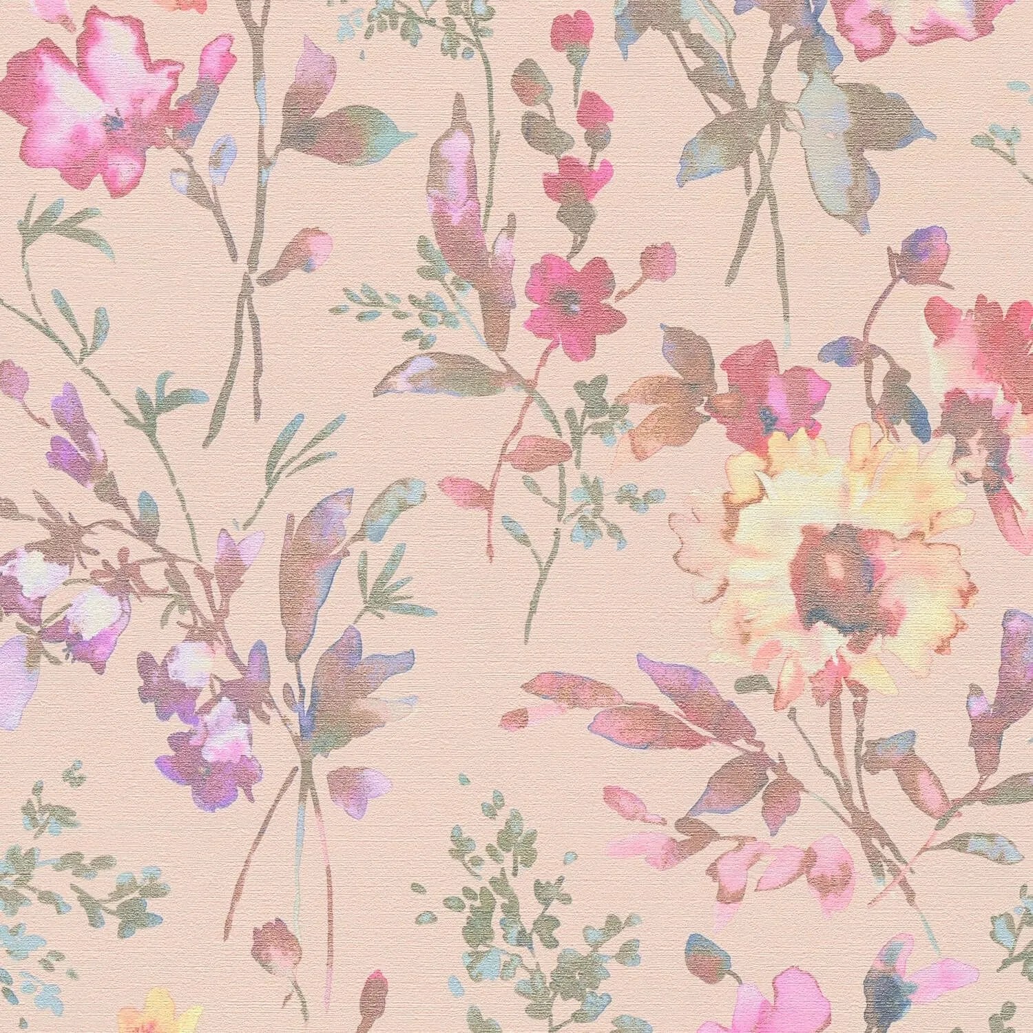 PROFHOME 790613-GU Blumen Tapete Metallic Effekt Rosa Blau Gelb Grün 0,53 m x 10,05 m 5,33 m2