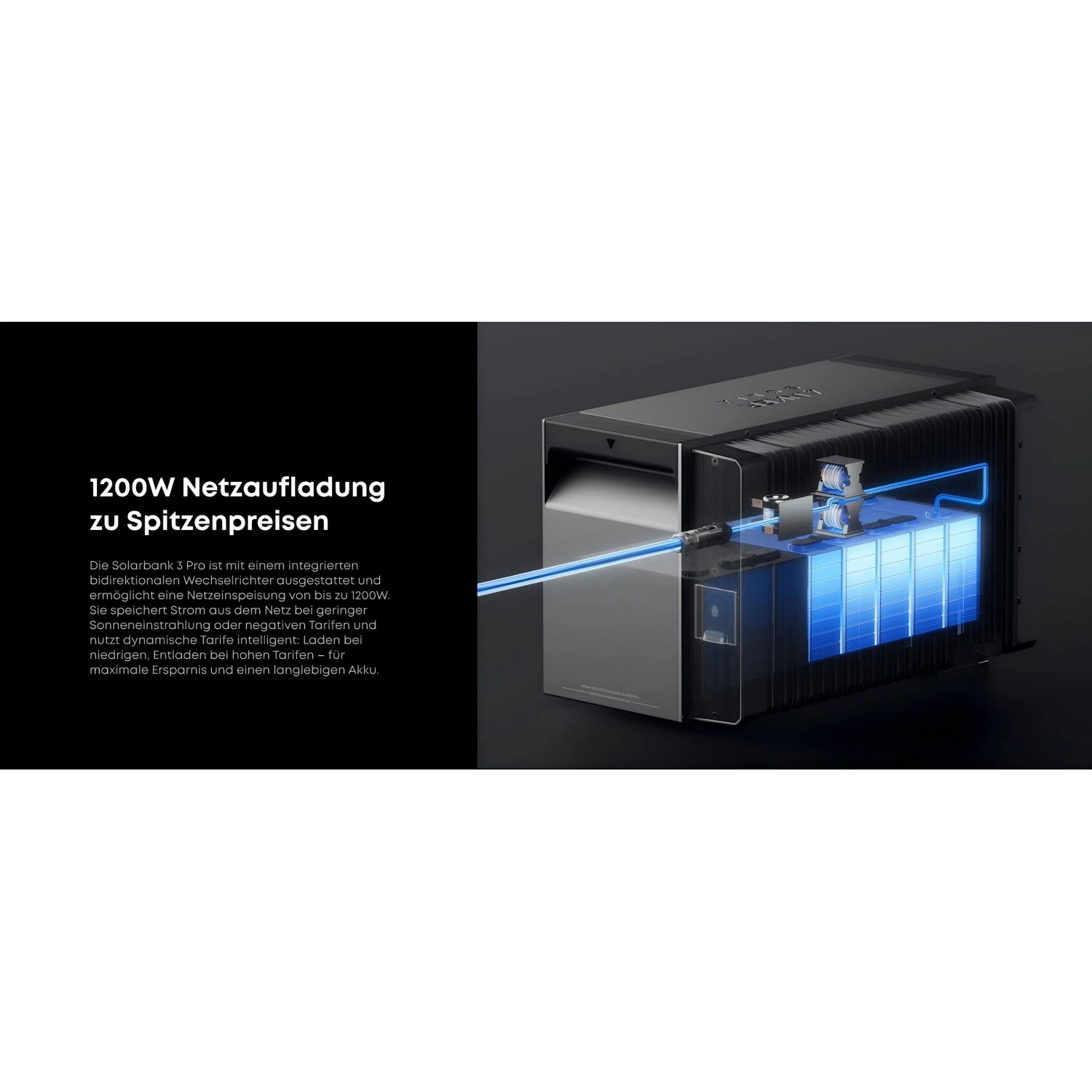 Anker SOLIX Solarbank 3 Pro Energiespeicher, Innenansicht mit leuchtenden LiFePO4 Batterien. Intelligenter Energiefluss.