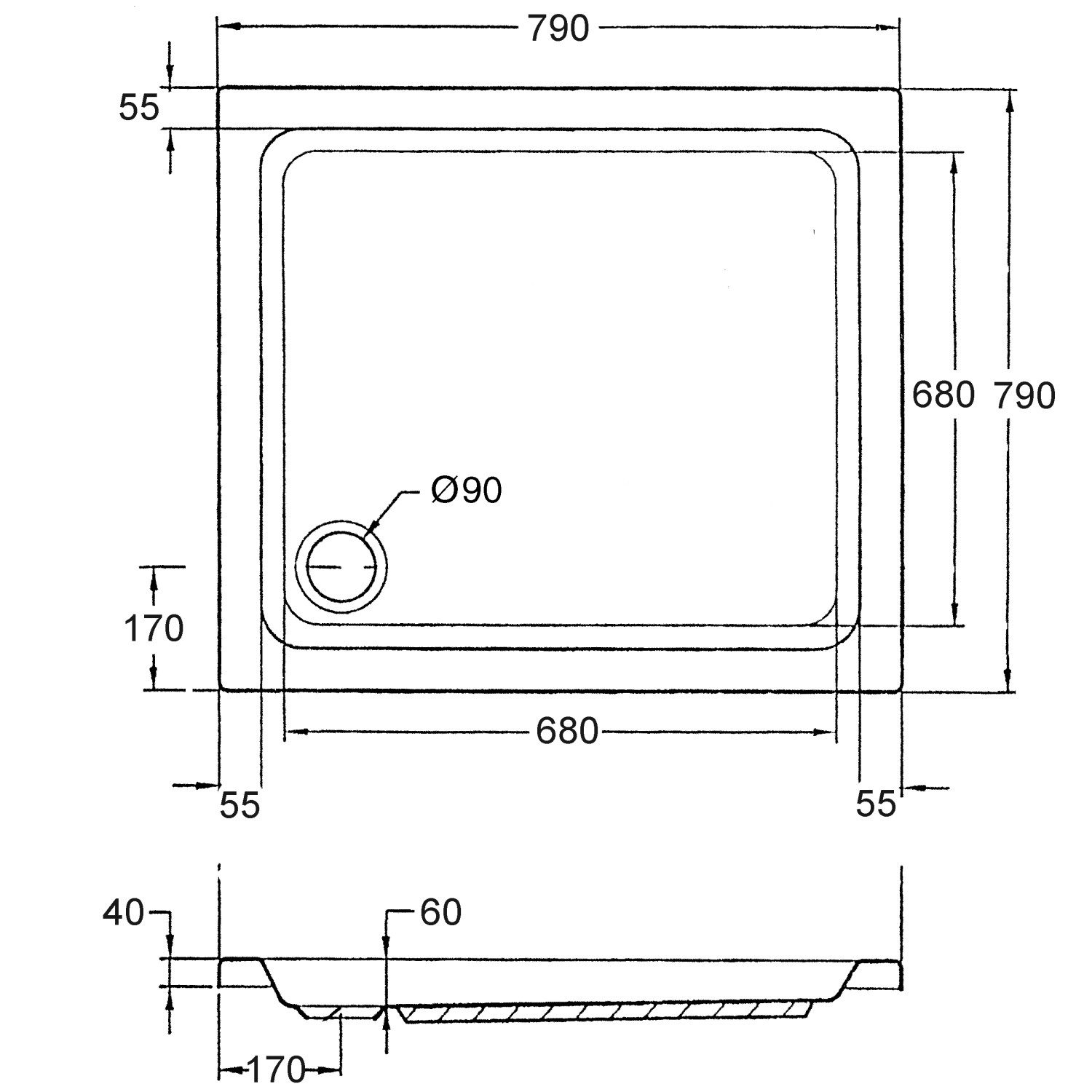 Technische Zeichnung Ottofond Duschwanne Samos Quadrat, 80x80 cm, Maße und Details.