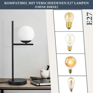 Moderne schwarze NETTLIFE Tischlampe mit weißem Glaskugel-Schirm auf Holzschreibtisch. E27 Fassung, kompatibel mit Leuchtmitteln.