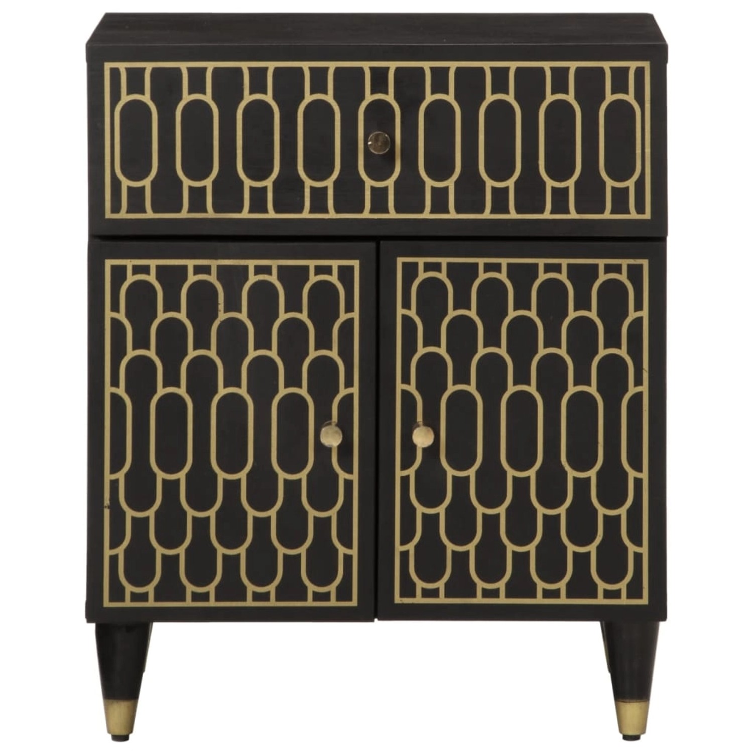 vidaXL Nachttisch aus Mangoholz, schwarz mit goldenem Muster, 50x33x60 cm.