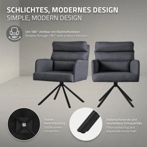 Zwei anthrazitfarbene, drehbare Esszimmerstühle mit modernem Design, gepolsterter Rückenlehne und schwarzem Stahlgestell.