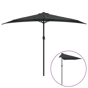 Anthrazit Balkon-Sonnenschirm, halbrunde Form, mit Alu-Mast für Schatten auf kleinem Raum.