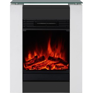 Weißer Elektro-Kamin Glasbury Fire mit LED-Flammeneffekt, Sicherheitsglasfront und Holzoptik.