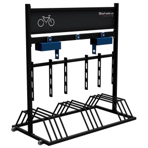 Mobiler Schake Fahrradständer mit Werbeschild, schwarz (RAL9005), inkl. Steckdosen und E-Ladegerät Halterung.