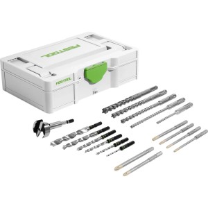 Festool Bohrer- & Bit-Set SYS3 S. Verschiedene SDS-Hammer-, Forstner- & Holzbohrer sowie Bits im weißen Systainer.