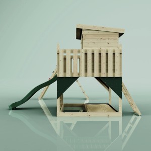 PolarPlay Spielturm Aksel, dunkelgrün, mit Rutsche, Leiter und Spielhaus aus Holz.