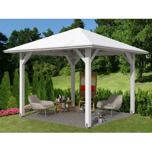Weißer Skan Holz Pavillon Cannes 1 (294x294 cm) im Garten mit Möbeln und Staffelei.