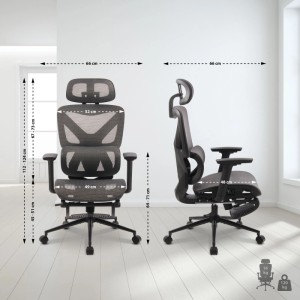 CLP Bürostuhl Reston Schwarz/Grau, Netzstoff, Front- & Seitenansicht mit Maßen. Ergonomischer Chefsessel, 120 kg Belastung.