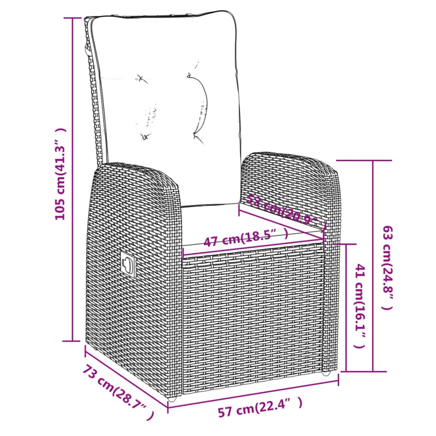 Abbildung eines Gartenstuhls der vidaXL 7-Tlg Garten-Essgruppe mit Kissen, Abmessungen sind eingezeichnet.