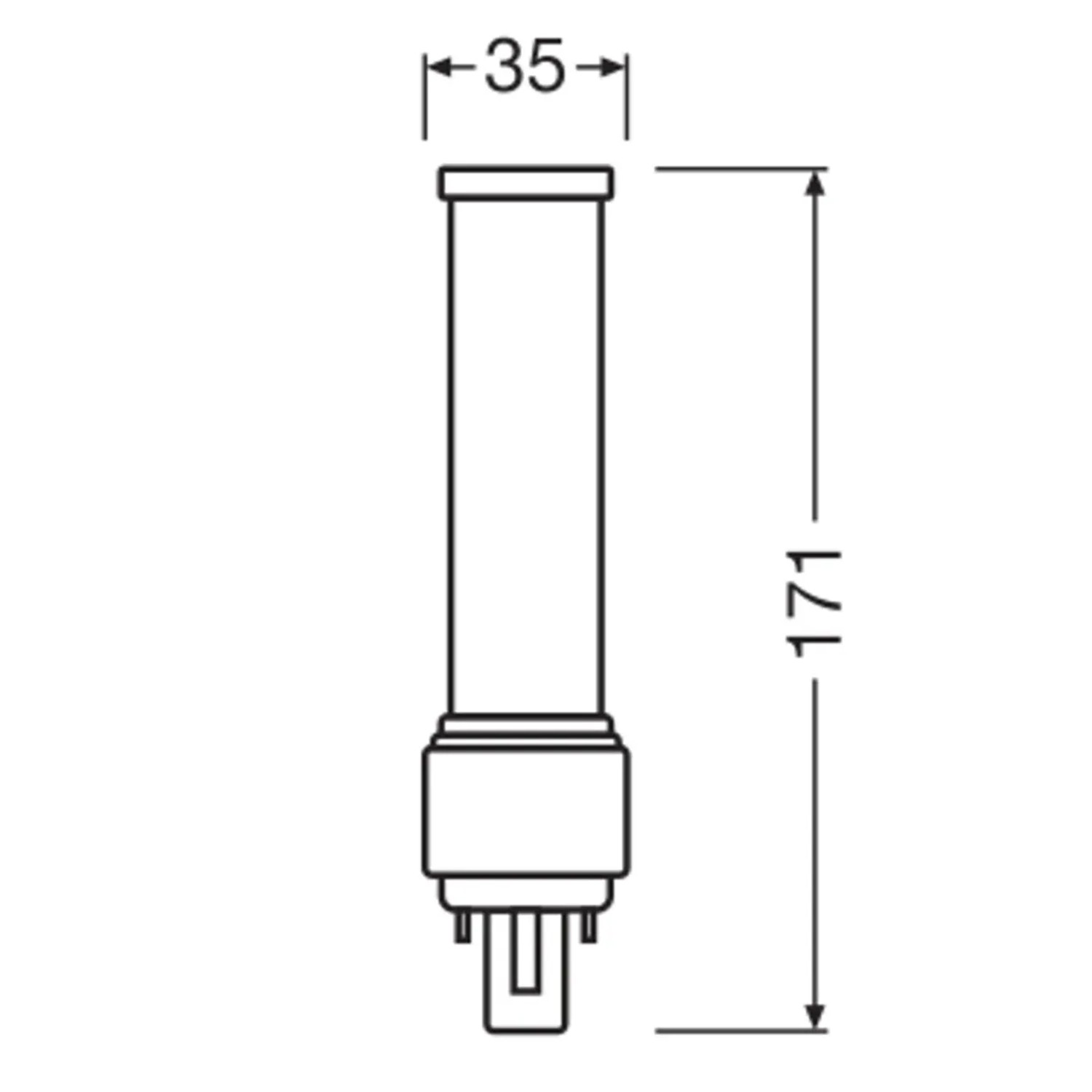 Technische Zeichnung Osram LED Leuchtmittel G24d-3 Röhre, Maße 17,1 x 3,5 cm (H x Ø).