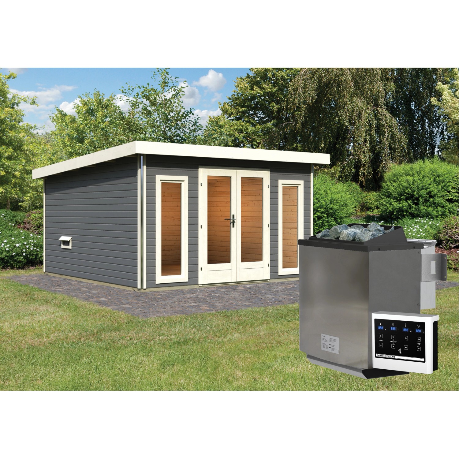 Karibu Saunahaus Magnus 3 Set B Terragrau mit Ofen 9 kW Bio ext. Strg. günstig online kaufen