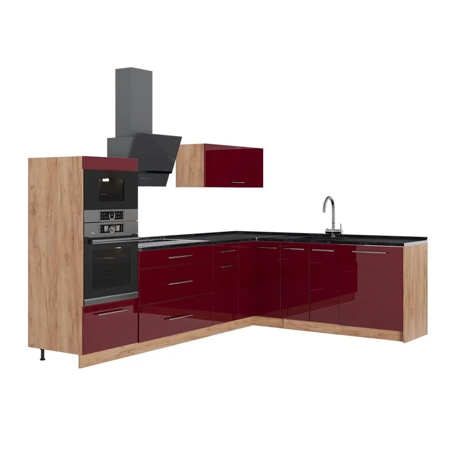 Vicco Eckküche Fame-Line Bordeaux Hochglanz/Goldkraft Eiche 287 x 154 AP Anthrazit Art Nr 63509