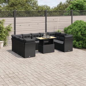 Schwarze 10-tlg. vidaXL Garten-Sofagarnitur aus Rattan mit Tisch und Kissen.