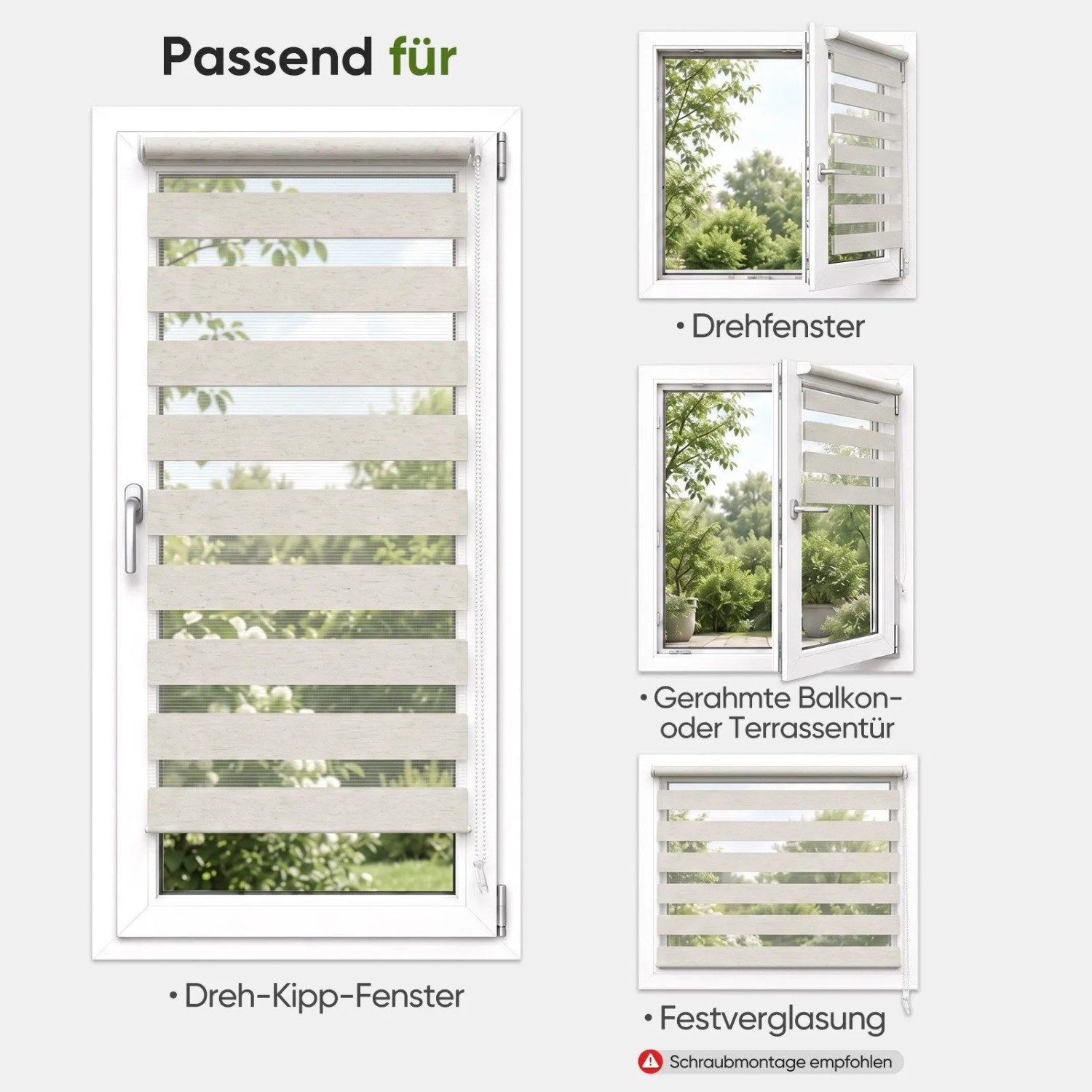 Beiges Doppelrollo Klemmfix für Fenster & Türen. Zeigt Montage an Dreh-Kipp, Drehfenster, Balkontür und Festverglasung.