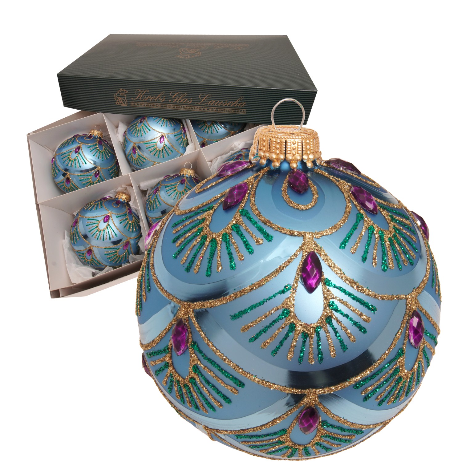 Krebs Glas Lauscha Weihnachtskugeln Pfaumuster Türkis 8cm