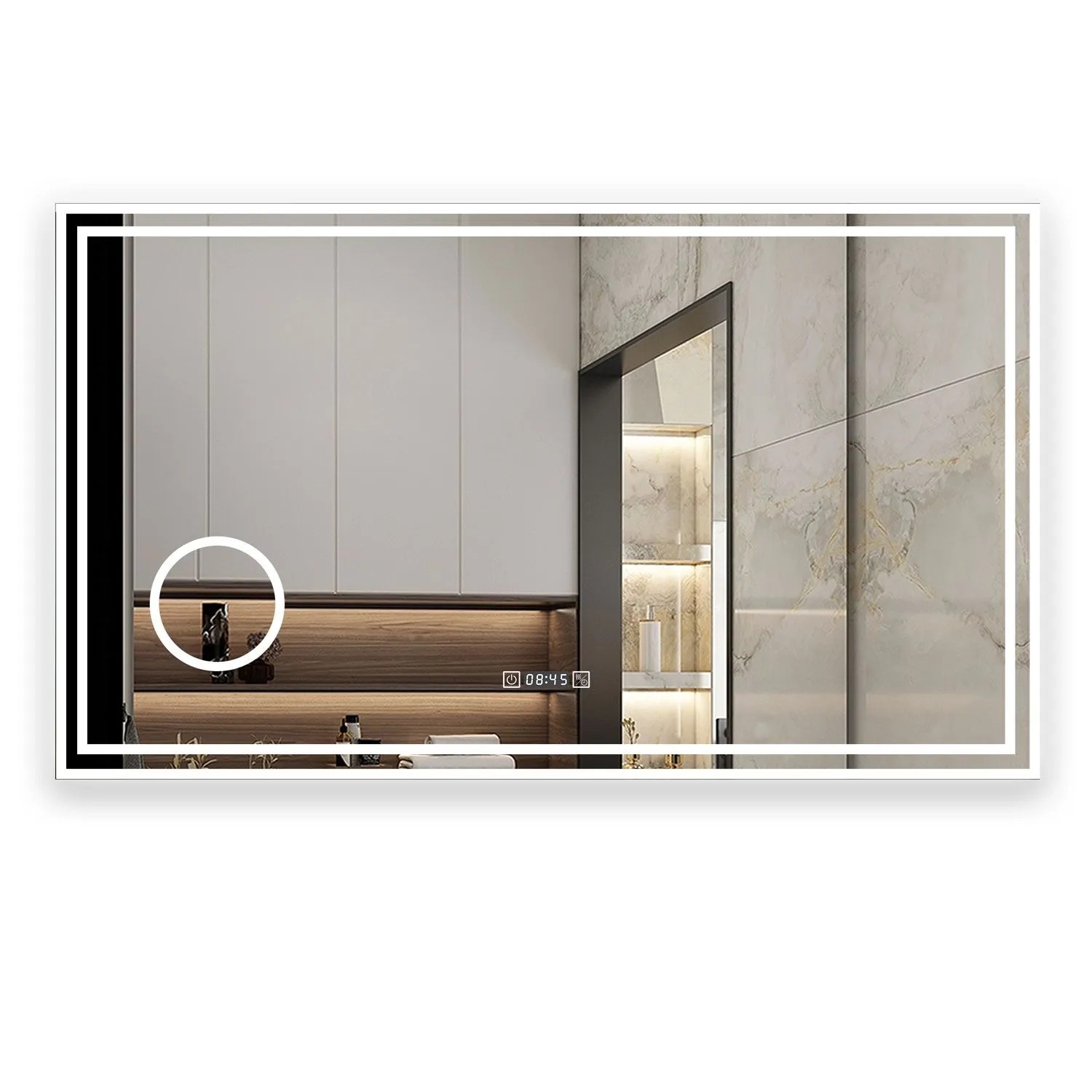 Aica Sanitär Badspiegel mit Schminkspiegel Uhr 100x60 cm Spiegel mit LED Beleuchtung Neutral-Warm-Kaltweiß Dimmbar Memory Touch Beschlagfrei