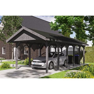 Satteldach-Carport Wallgau in Schiefergrau mit schwarzen Schindeln und Auto.
