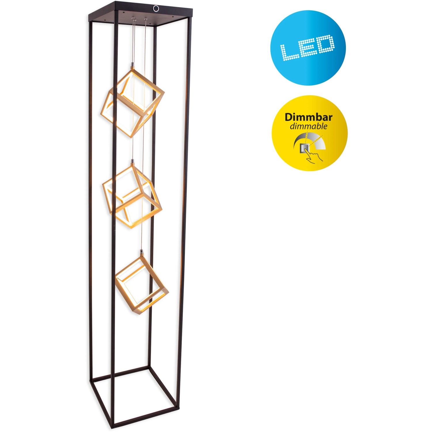 Moderne, dimmbare LED-Stehleuchte Tripolis von Näve, 140 cm hoch, mit drei goldenen Leuchtwürfeln.