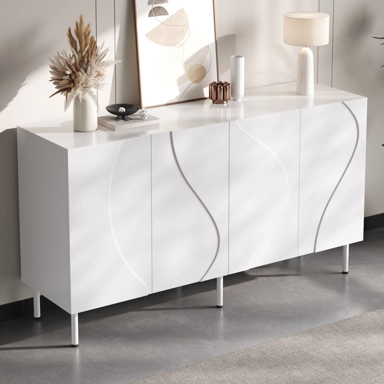 Modernes weißes Merax Sideboard mit vier 3D geschwungenen, grifflosen Türen und stabilen Metallfüßen. Ideal für Wohnzimmerschränke.