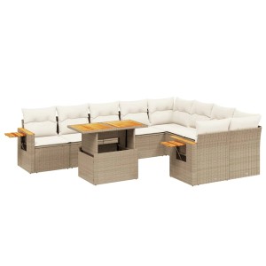 Beige 10-tlg. Garten-Sofagarnitur aus Poly Rattan mit Tisch und cremeweißen Kissen.