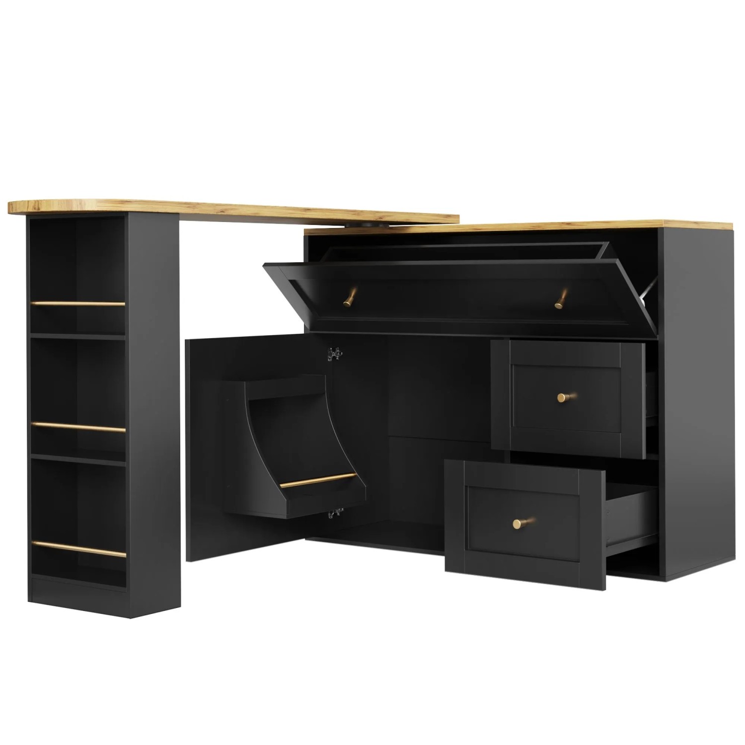 okwish Bartisch mit Ausziehfunktion Snackregal Stauraum Küche 138-204x39x105cm Schwarz