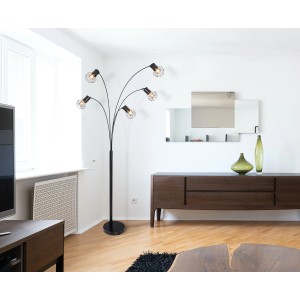 Schwarze, 5-flammige Globo Stehlampe Priska im modernen Design mit Metallgeflecht.