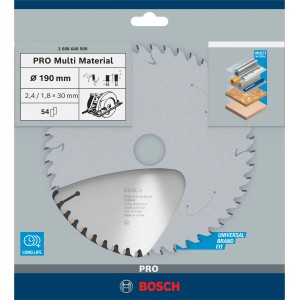 Bosch Kreissägeblatt Pro Multi Material, 190 mm Durchmesser, für saubere Schnitte in verschiedene Materialien.