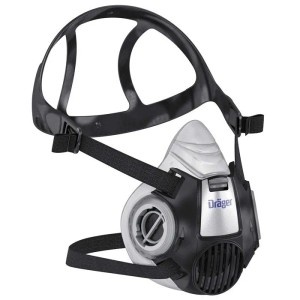 Dräger X-plore 3300 Halbmaske, schwarz-grau, mit Bajonettverschluss und Kopfbänderung für Atemschutz.