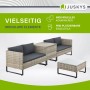 Graue Juskys Polyrattan Lounge Santorini mit Tisch und Auflagenbox für den Garten.