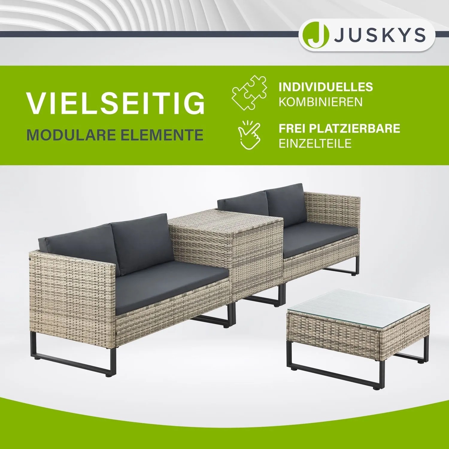 Graue Juskys Polyrattan Lounge Santorini mit Tisch und Auflagenbox für den Garten.
