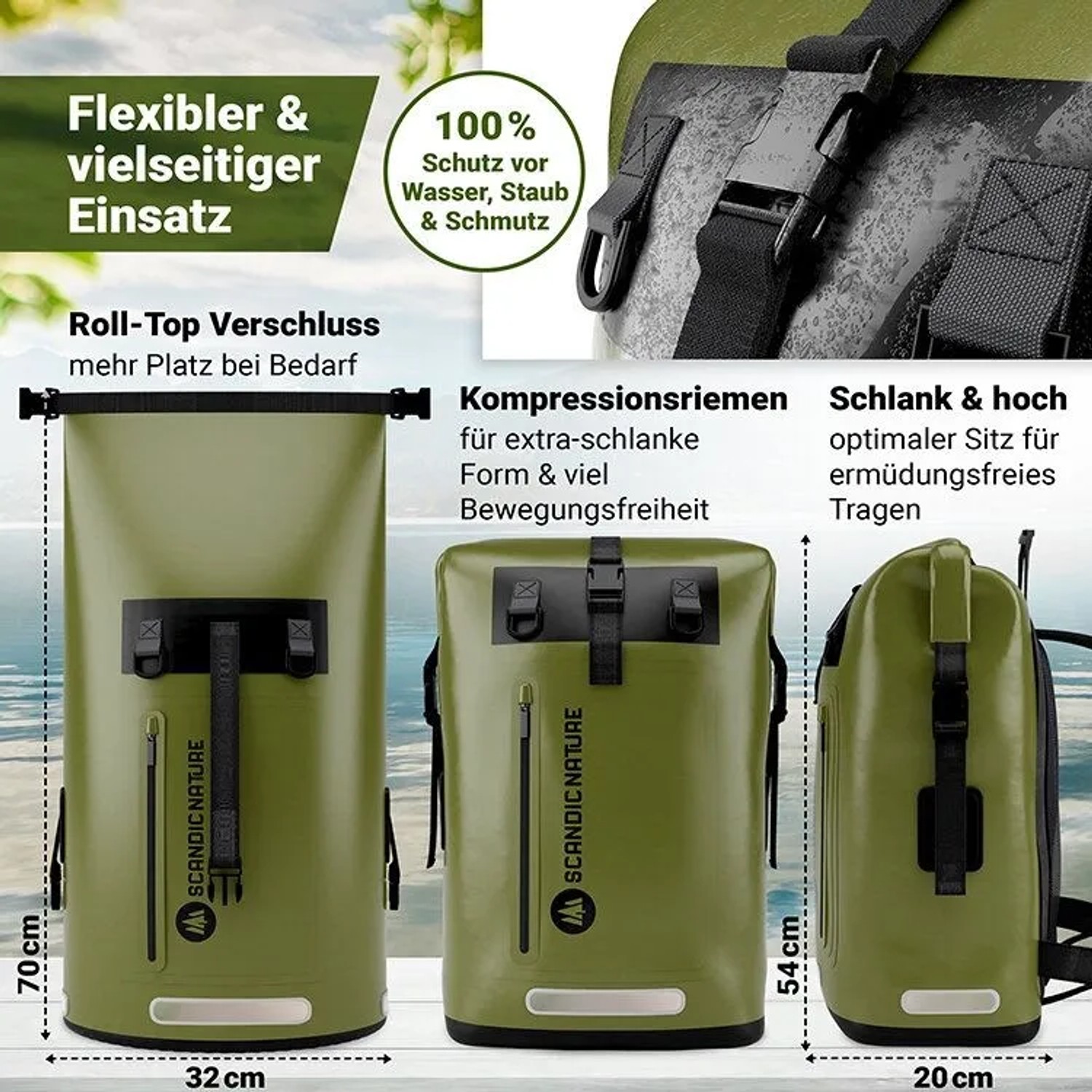 SCANDIC NATURE Rucksack Pioneer 35L oliv, wasserdicht, mit Roll Top Verschluss. Zeigt flexibles Volumen & schlankes Design für Outdoor.